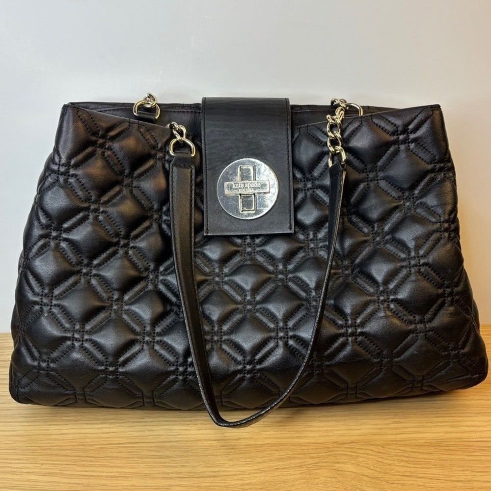 Kate Spade New York Black Quilted Leather Shoulder Bag‎ Silver Turn Lock Closure